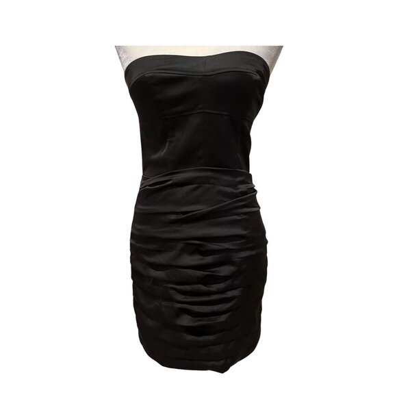 Express Black Satin Corset Strapless Bodycon Ruched Mini Dress Sz 0  dark fairy - Picture 1 of 13